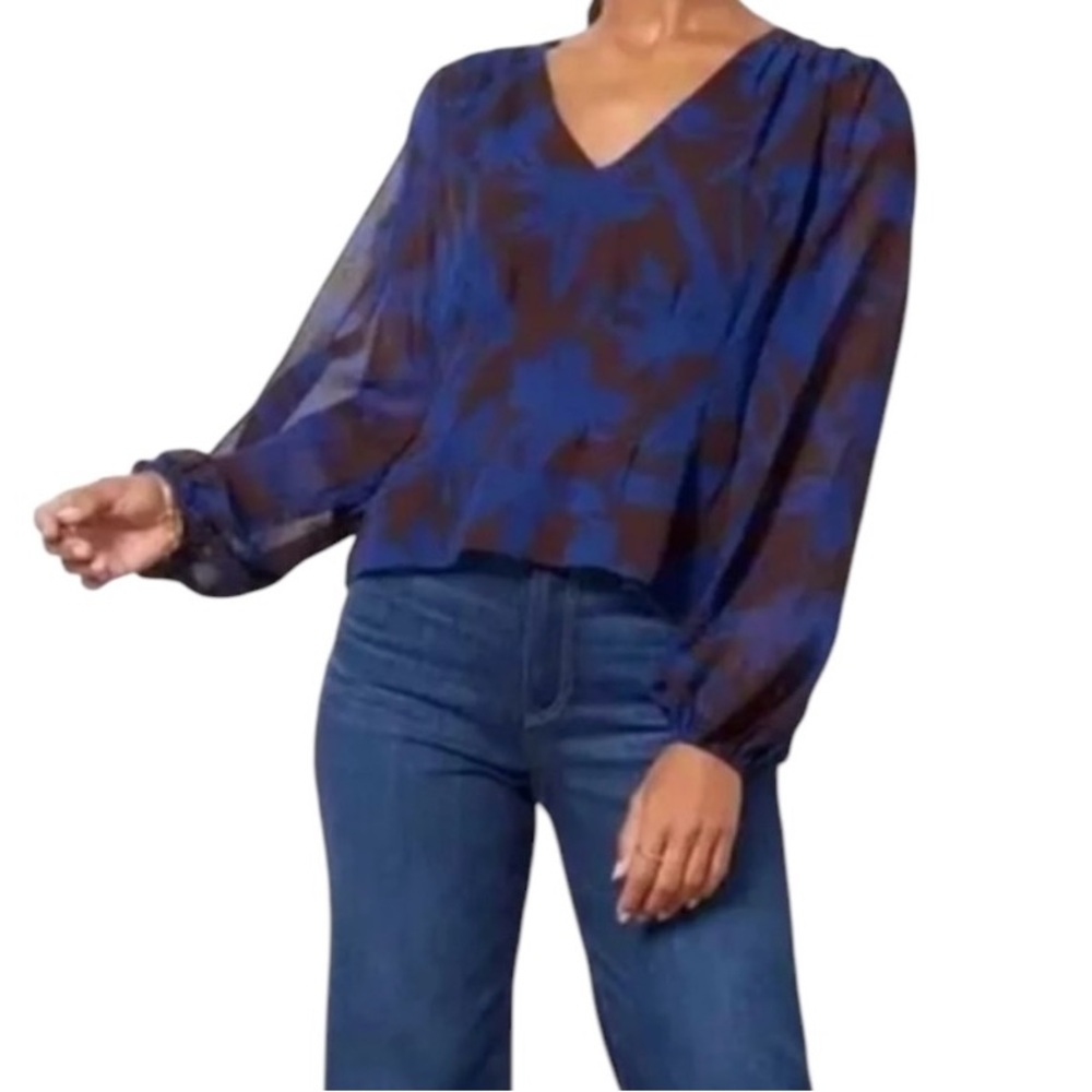 Evereve Brown/Blue Floral Print Chiffon "Harper" Seamed Peplum Blouse S
